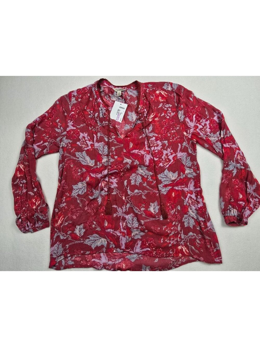 Lucky Brand Womens Floral Long Sleeve Blouse Red & Blue Tassels Medium
